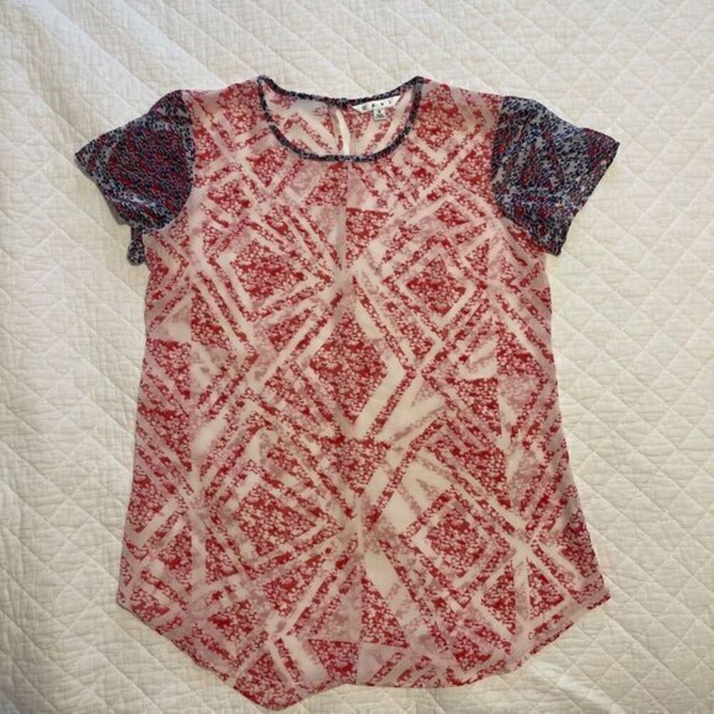 CAbi Short Sleeve Sheer Layering Top‎ S Red White Blue Top